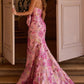 Retro Strapless Pink Prom Dress Floral Bow Slit Mermaid Evening Dress D0736