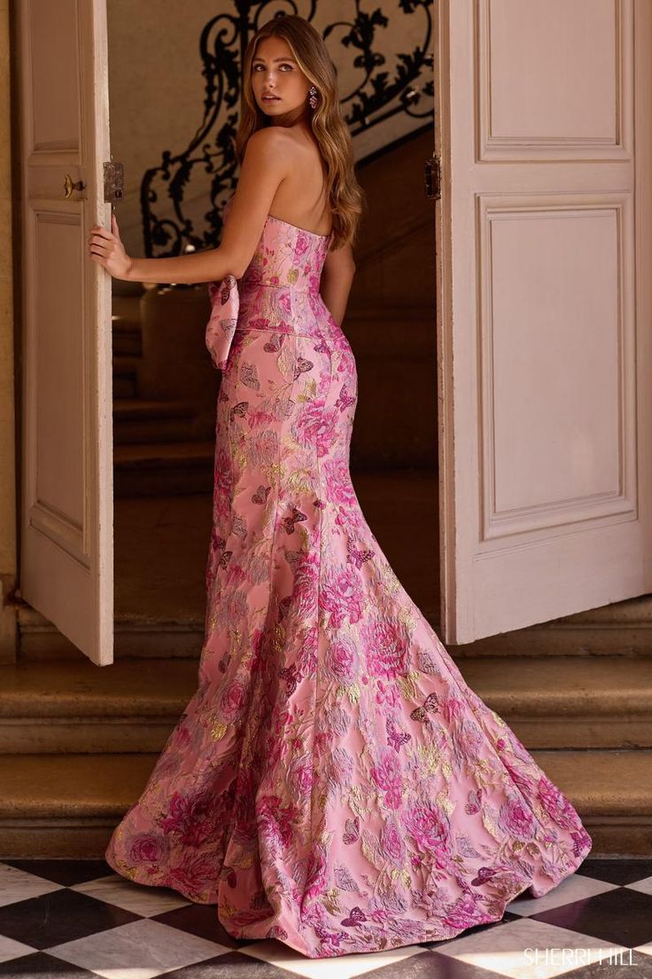 Retro Strapless Pink Prom Dress Floral Bow Slit Mermaid Evening Dress D0736
