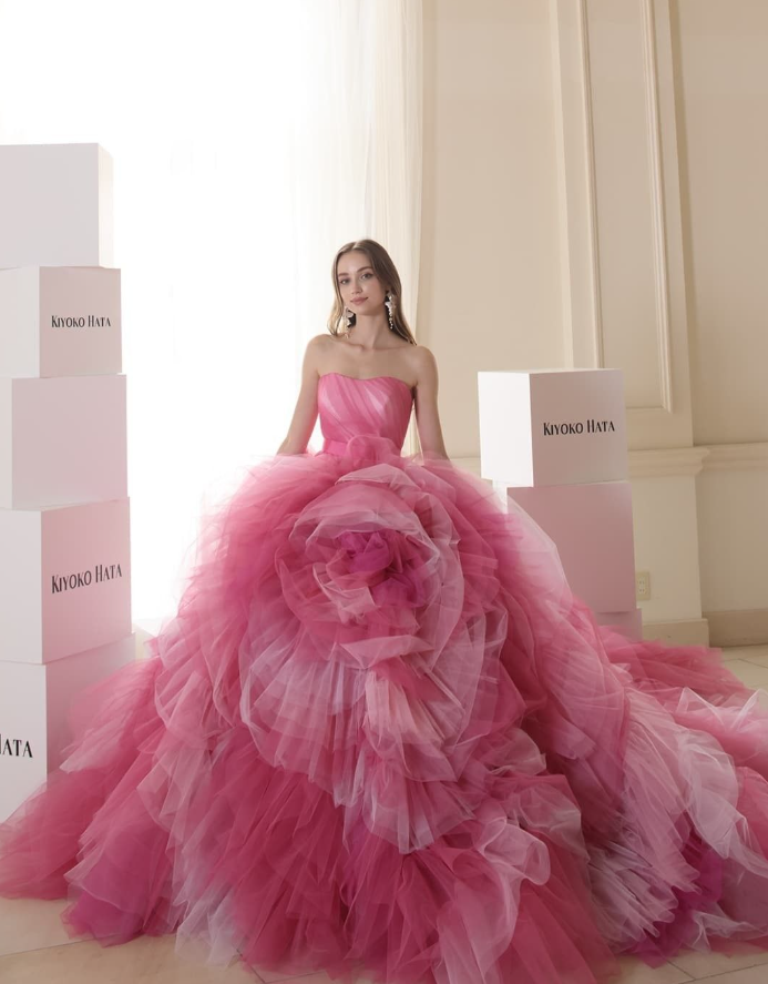 Sweet Strapless Ball Gown Pink Quinceanera Dresses Floral Tulle Sweet 16 Dresses D0739
