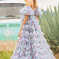 Cute Off The Shoulder Prom Dress Floral Tiered Slit A-Line Evening Dress D0740