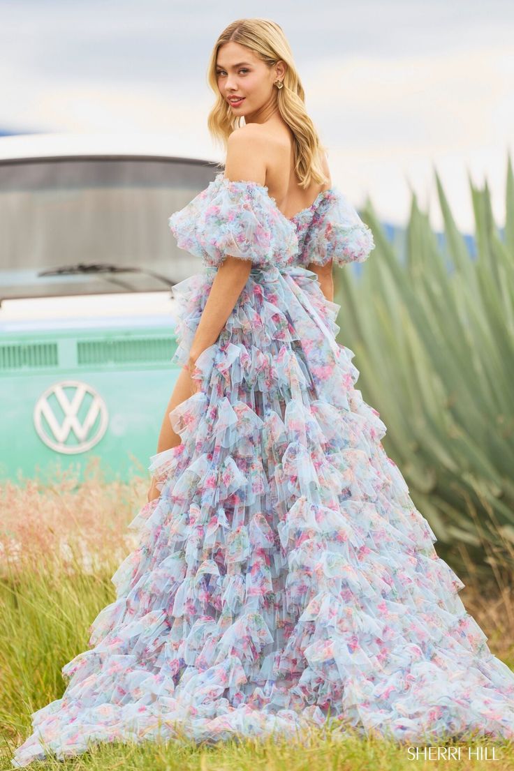 Cute Off The Shoulder Prom Dress Floral Tiered Slit A-Line Evening Dress D0740