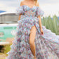 Cute Off The Shoulder Prom Dress Floral Tiered Slit A-Line Evening Dress D0740