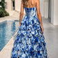 Playful Strapless Blue Prom Dress Floral Ruffles A-Line Evening Dress D0741