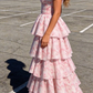 Adorable Short Sleeve Pink Prom Dress Floral Tiered A-Line Evening Dress D0742
