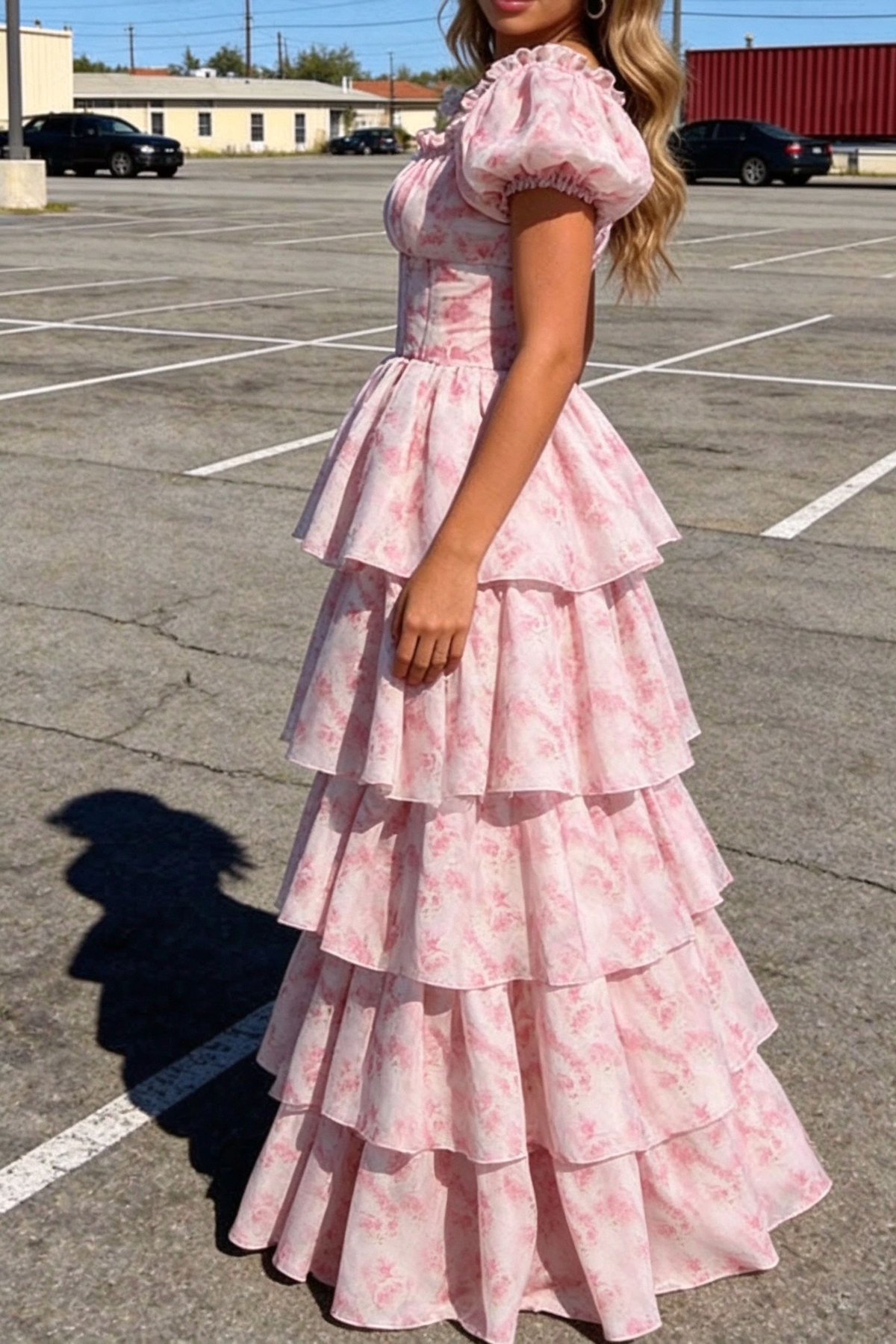 Adorable Short Sleeve Pink Prom Dress Floral Tiered A-Line Evening Dress D0742