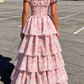 Adorable Short Sleeve Pink Prom Dress Floral Tiered A-Line Evening Dress D0742