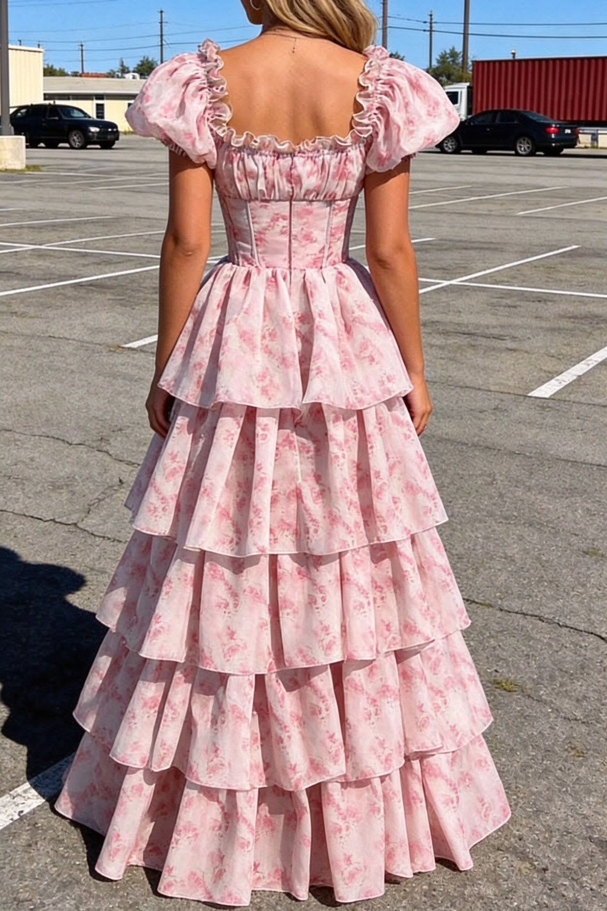Adorable Short Sleeve Pink Prom Dress Floral Tiered A-Line Evening Dress D0742