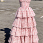Adorable Short Sleeve Pink Prom Dress Floral Tiered A-Line Evening Dress D0742