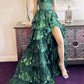 Glittering Off The Shoulder Slit Prom Dress Green Sequins Tiered A-Line Evening Dress D0743