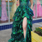 Glittering Off The Shoulder Slit Prom Dress Green Sequins Tiered A-Line Evening Dress D0743