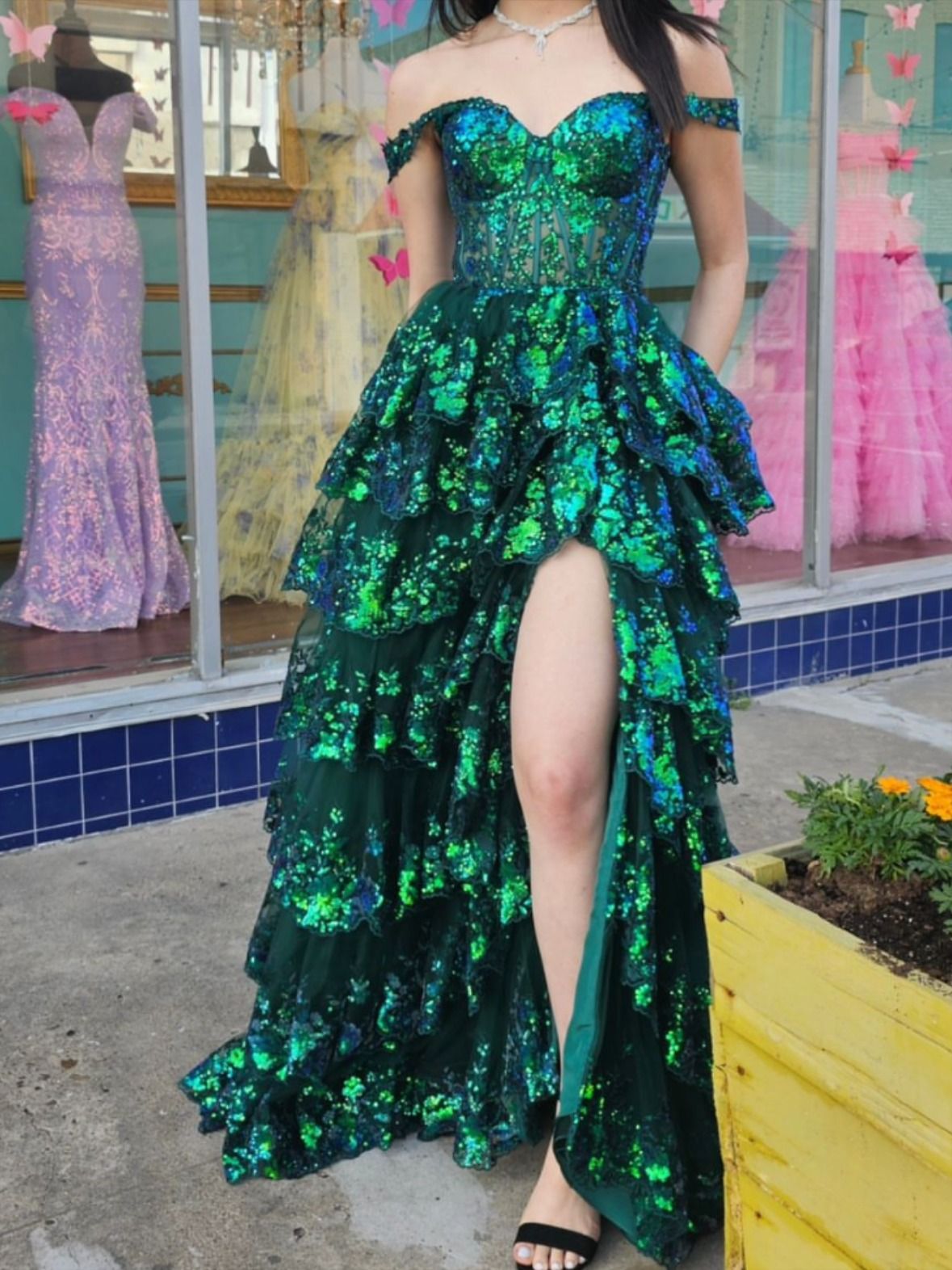 Glittering Off The Shoulder Slit Prom Dress Green Sequins Tiered A-Line Evening Dress D0743
