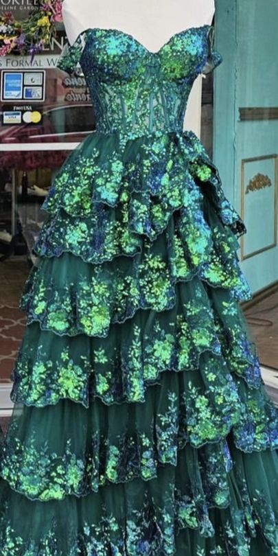 Glittering Off The Shoulder Slit Prom Dress Green Sequins Tiered A-Line Evening Dress D0743