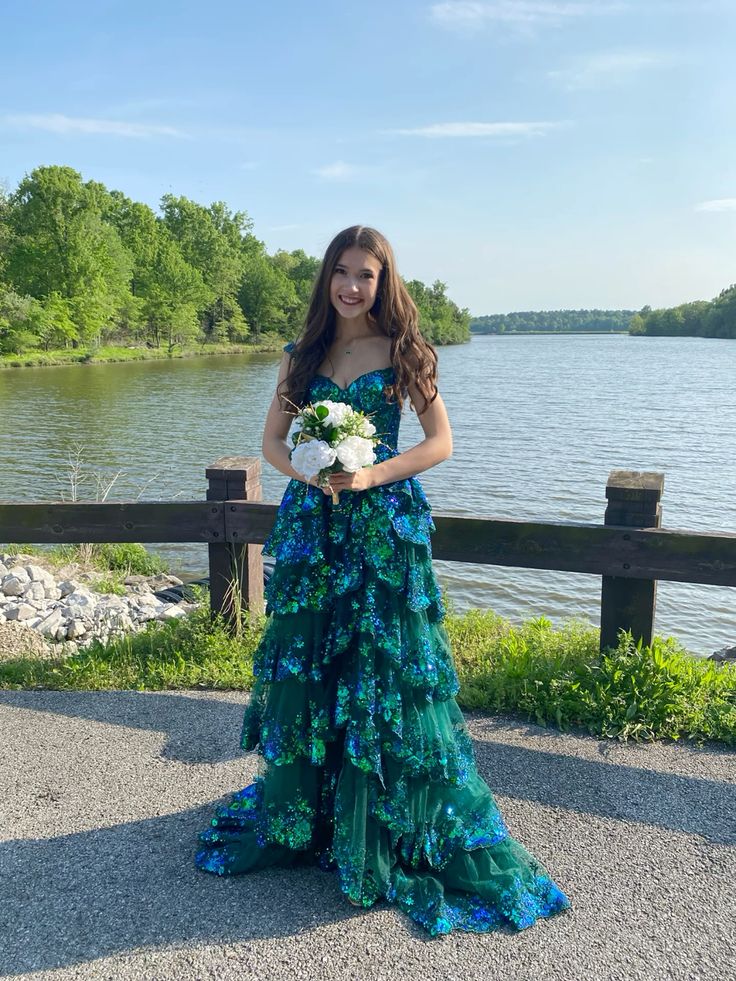 Glittering Off The Shoulder Slit Prom Dress Green Sequins Tiered A-Line Evening Dress D0743
