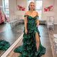 Glittering Off The Shoulder Slit Prom Dress Green Sequins Tiered A-Line Evening Dress D0743