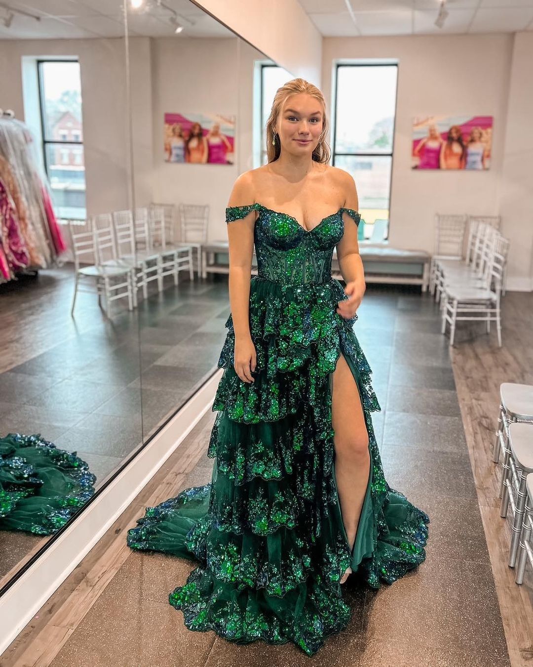 Glittering Off The Shoulder Slit Prom Dress Green Sequins Tiered A-Line Evening Dress D0743