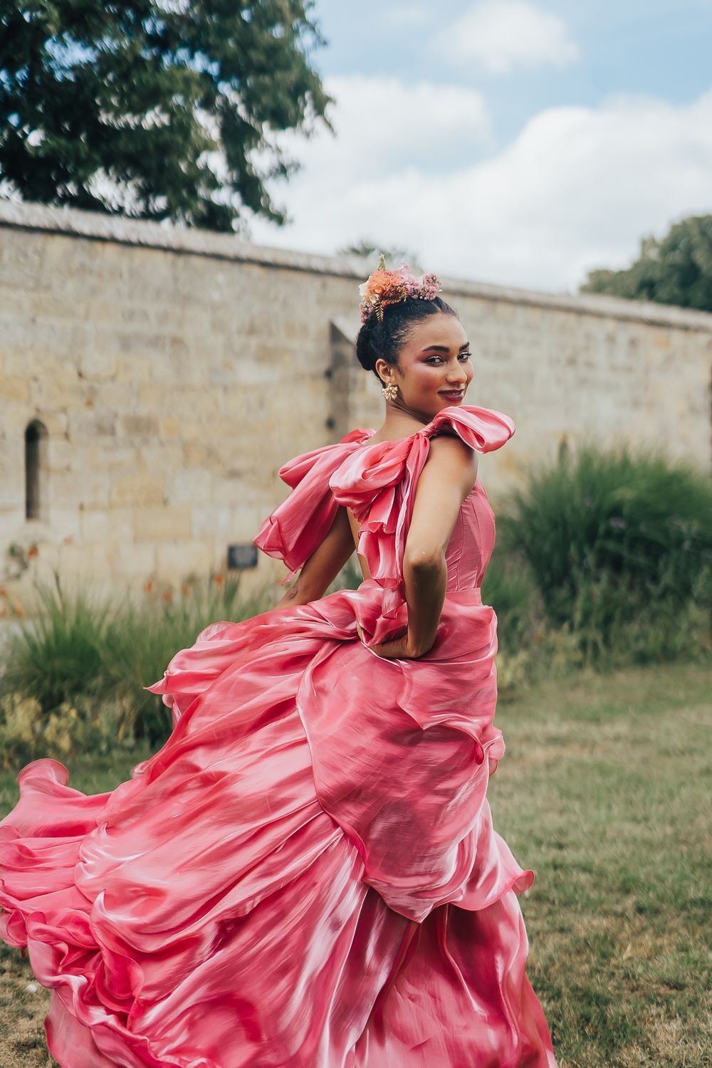 Vibrant Spaghetti Straps Prom Dress Hot Pink Tiered A-Line Evening Dress D0744