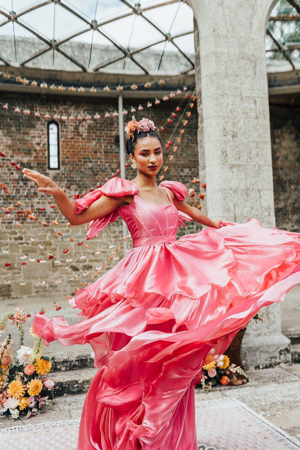 Vibrant Spaghetti Straps Prom Dress Hot Pink Tiered A-Line Evening Dress D0744