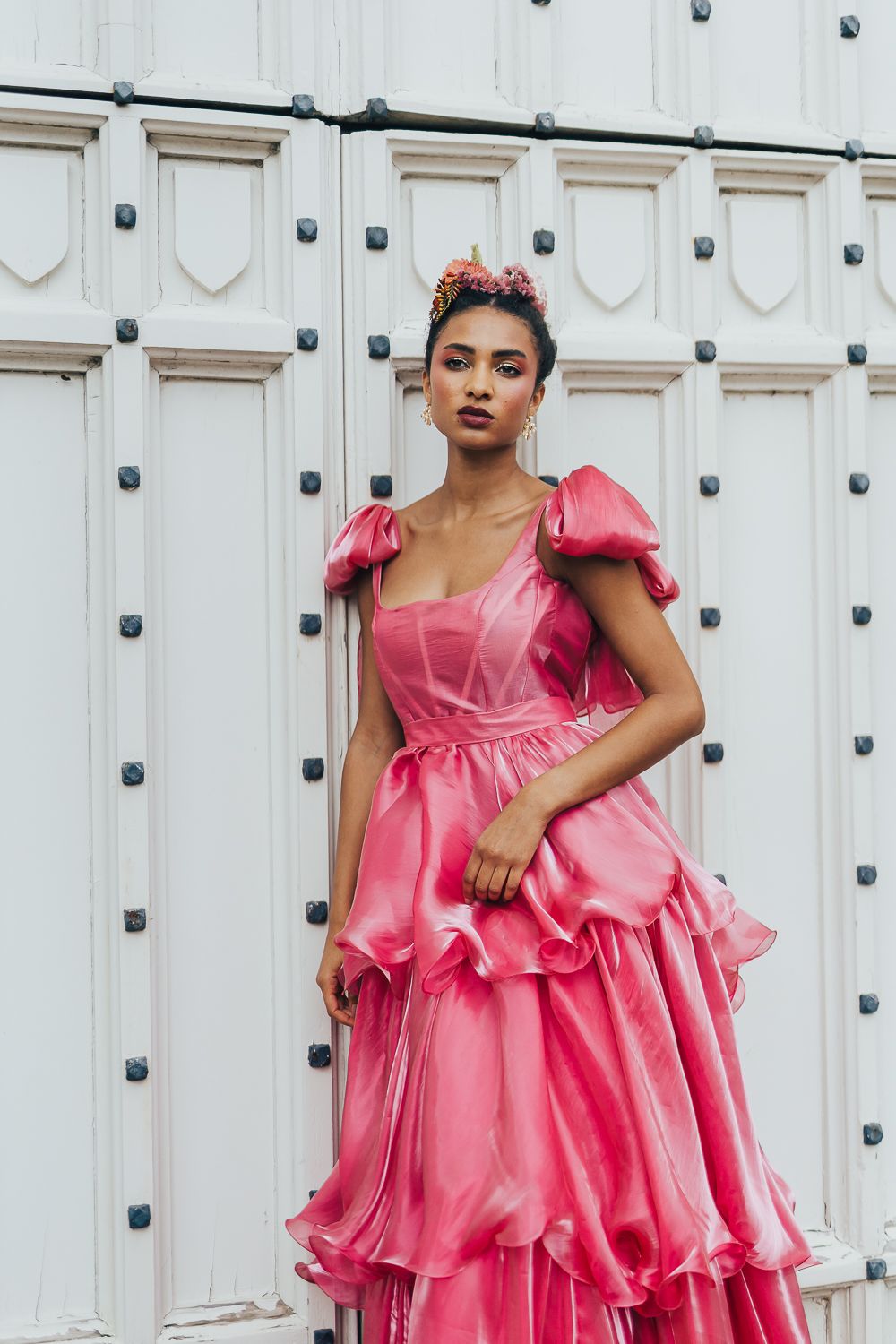 Vibrant Spaghetti Straps Prom Dress Hot Pink Tiered A-Line Evening Dress D0744
