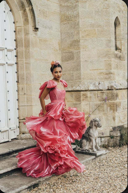 Vibrant Spaghetti Straps Prom Dress Hot Pink Tiered A-Line Evening Dress D0744