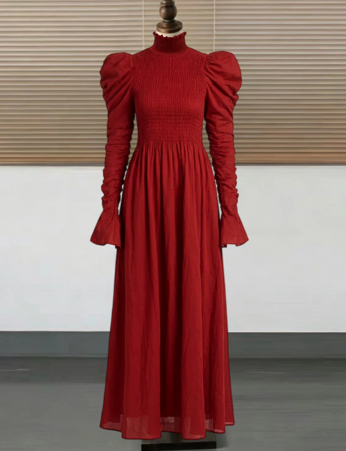 Classical High Collar Prom Dress Red Long Sleeve A-Line Evening Dress D0745