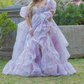 Romantic Square Neck Purple Prom Dress Floral Short Sleeve Ruffles A-Line Evening Dress D0747