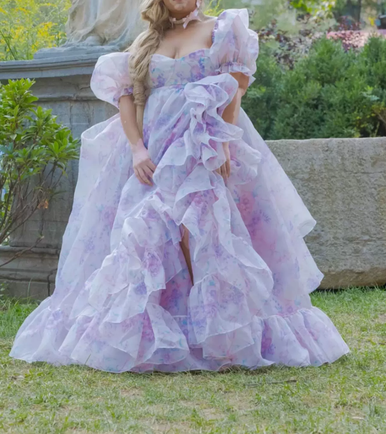 Romantic Square Neck Purple Prom Dress Floral Short Sleeve Ruffles A-Line Evening Dress D0747