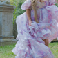 Romantic Square Neck Purple Prom Dress Floral Short Sleeve Ruffles A-Line Evening Dress D0747