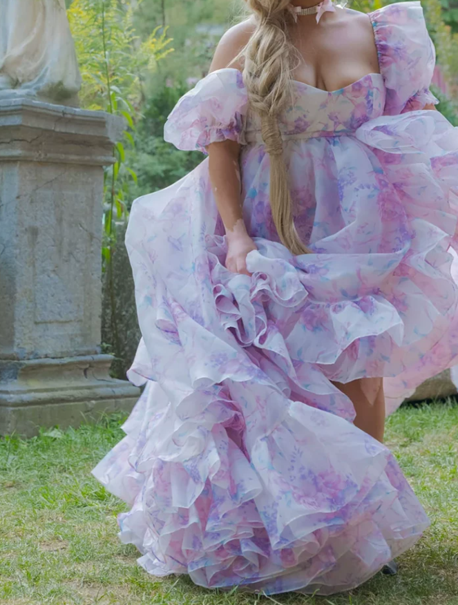 Romantic Square Neck Purple Prom Dress Floral Short Sleeve Ruffles A-Line Evening Dress D0747