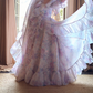 Romantic Square Neck Purple Prom Dress Floral Short Sleeve Ruffles A-Line Evening Dress D0747