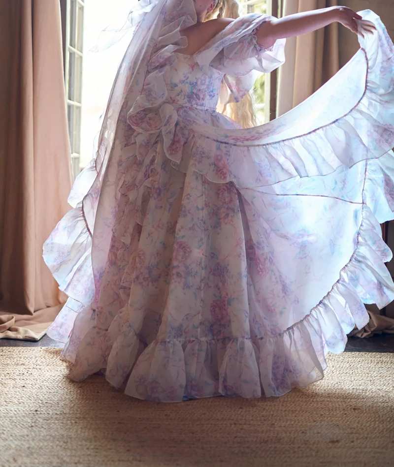 Romantic Square Neck Purple Prom Dress Floral Short Sleeve Ruffles A-Line Evening Dress D0747