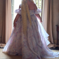 Romantic Square Neck Purple Prom Dress Floral Short Sleeve Ruffles A-Line Evening Dress D0747