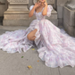 Romantic Square Neck Purple Prom Dress Floral Short Sleeve Ruffles A-Line Evening Dress D0747