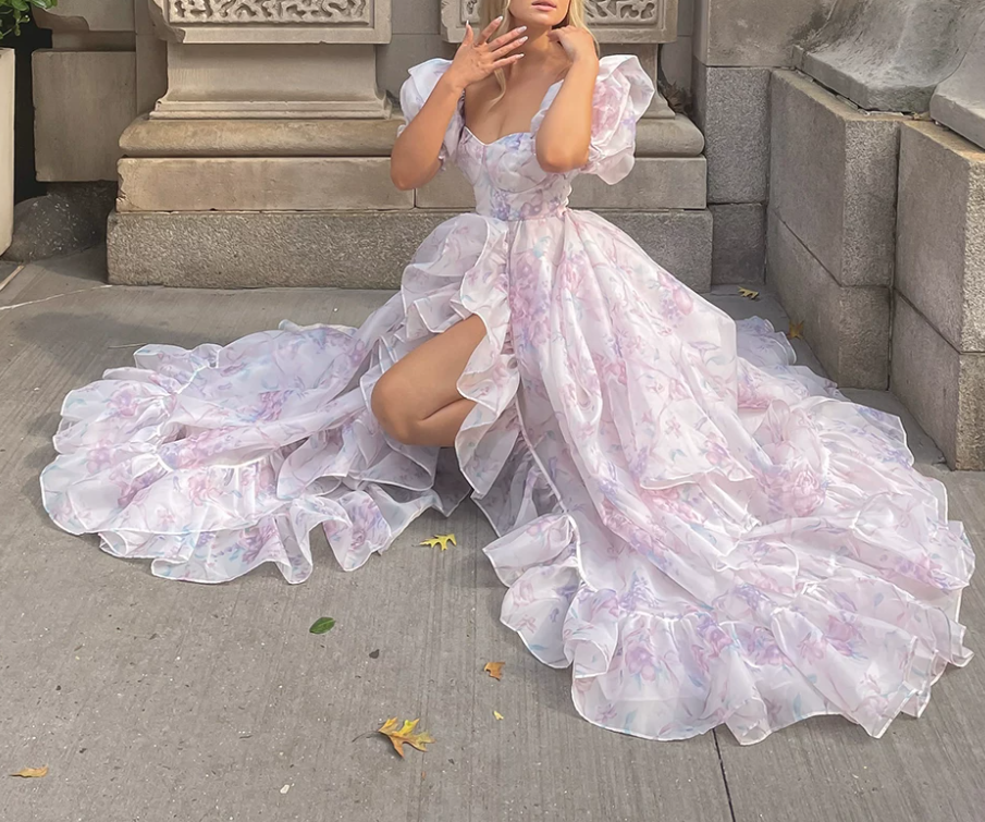 Romantic Square Neck Purple Prom Dress Floral Short Sleeve Ruffles A-Line Evening Dress D0747