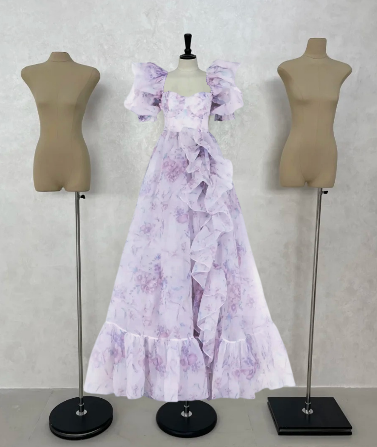 Romantic Square Neck Purple Prom Dress Floral Short Sleeve Ruffles A-Line Evening Dress D0747