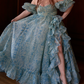 Sleek Square Neck Blue Prom Dress Floral Short Sleeve Ruffles Slit A-Line Evening Dress D0748