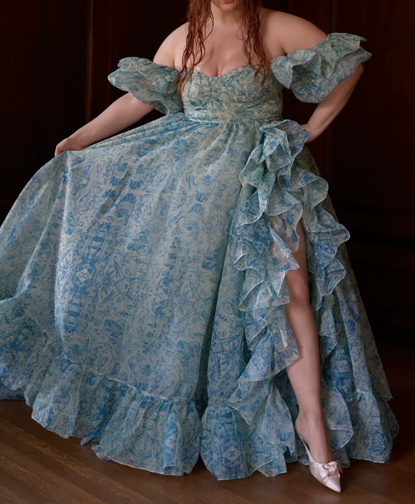 Sleek Square Neck Blue Prom Dress Floral Short Sleeve Ruffles Slit A-Line Evening Dress D0748