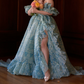 Sleek Square Neck Blue Prom Dress Floral Short Sleeve Ruffles Slit A-Line Evening Dress D0748