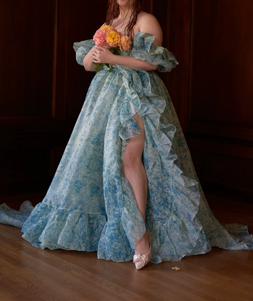 Sleek Square Neck Blue Prom Dress Floral Short Sleeve Ruffles Slit A-Line Evening Dress D0748