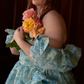 Sleek Square Neck Blue Prom Dress Floral Short Sleeve Ruffles Slit A-Line Evening Dress D0748