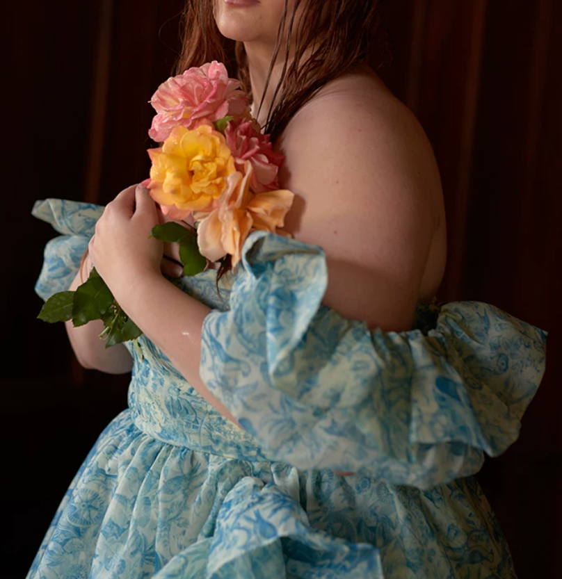 Sleek Square Neck Blue Prom Dress Floral Short Sleeve Ruffles Slit A-Line Evening Dress D0748
