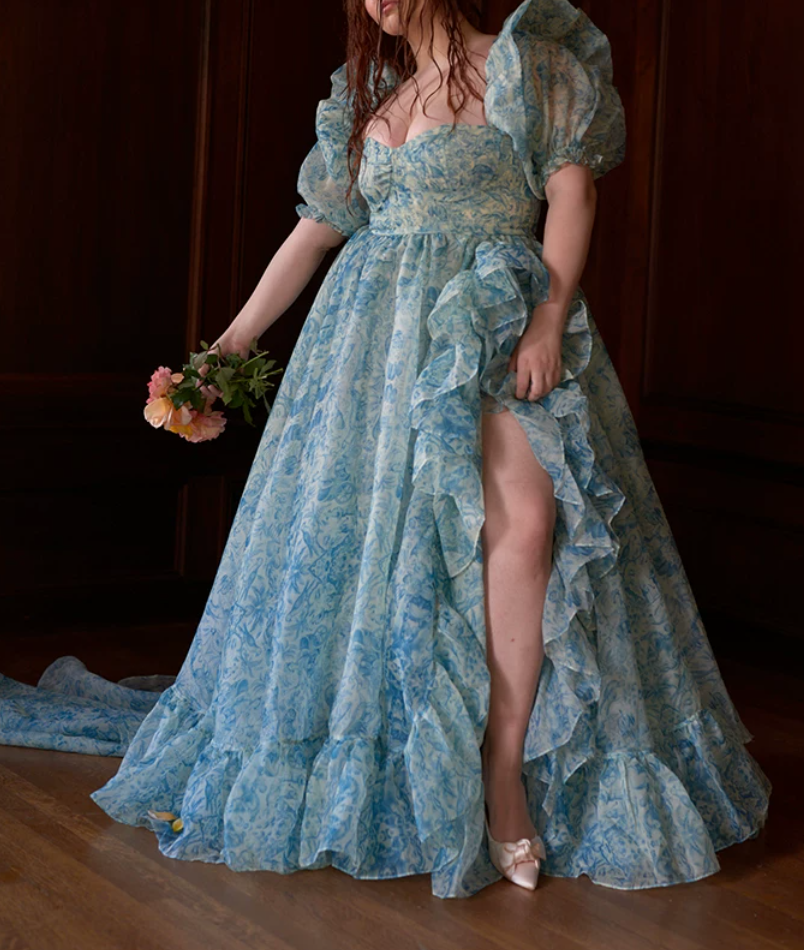Sleek Square Neck Blue Prom Dress Floral Short Sleeve Ruffles Slit A-Line Evening Dress D0748