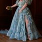 Sleek Square Neck Blue Prom Dress Floral Short Sleeve Ruffles Slit A-Line Evening Dress D0748
