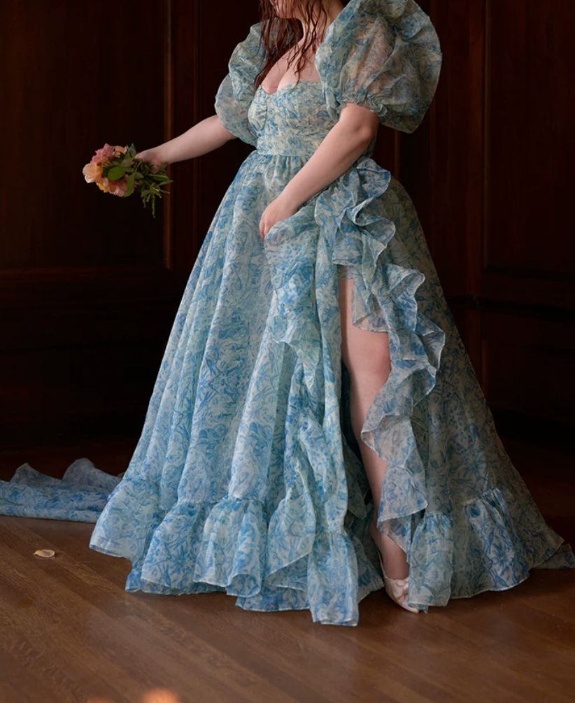 Sleek Square Neck Blue Prom Dress Floral Short Sleeve Ruffles Slit A-Line Evening Dress D0748