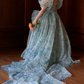 Sleek Square Neck Blue Prom Dress Floral Short Sleeve Ruffles Slit A-Line Evening Dress D0748