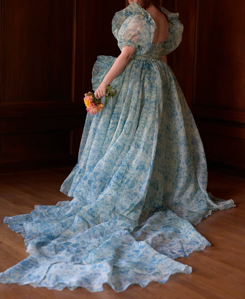 Sleek Square Neck Blue Prom Dress Floral Short Sleeve Ruffles Slit A-Line Evening Dress D0748