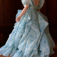 Sleek Square Neck Blue Prom Dress Floral Short Sleeve Ruffles Slit A-Line Evening Dress D0748