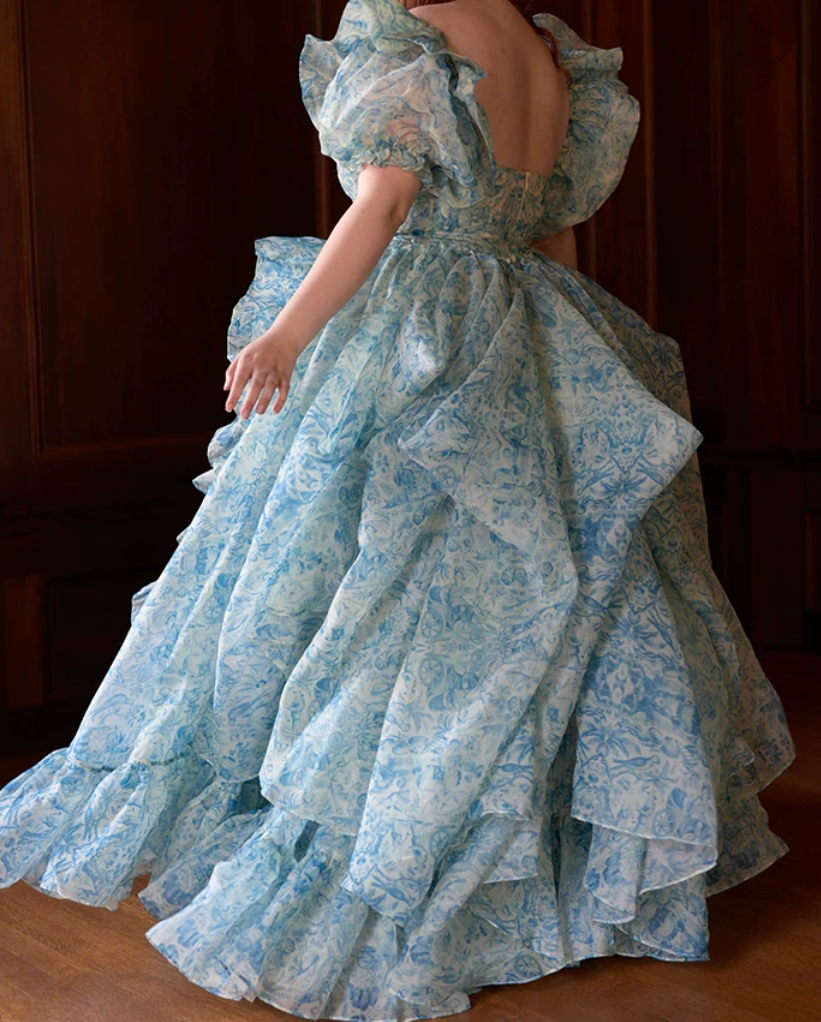 Sleek Square Neck Blue Prom Dress Floral Short Sleeve Ruffles Slit A-Line Evening Dress D0748