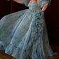 Sleek Square Neck Blue Prom Dress Floral Short Sleeve Ruffles Slit A-Line Evening Dress D0748