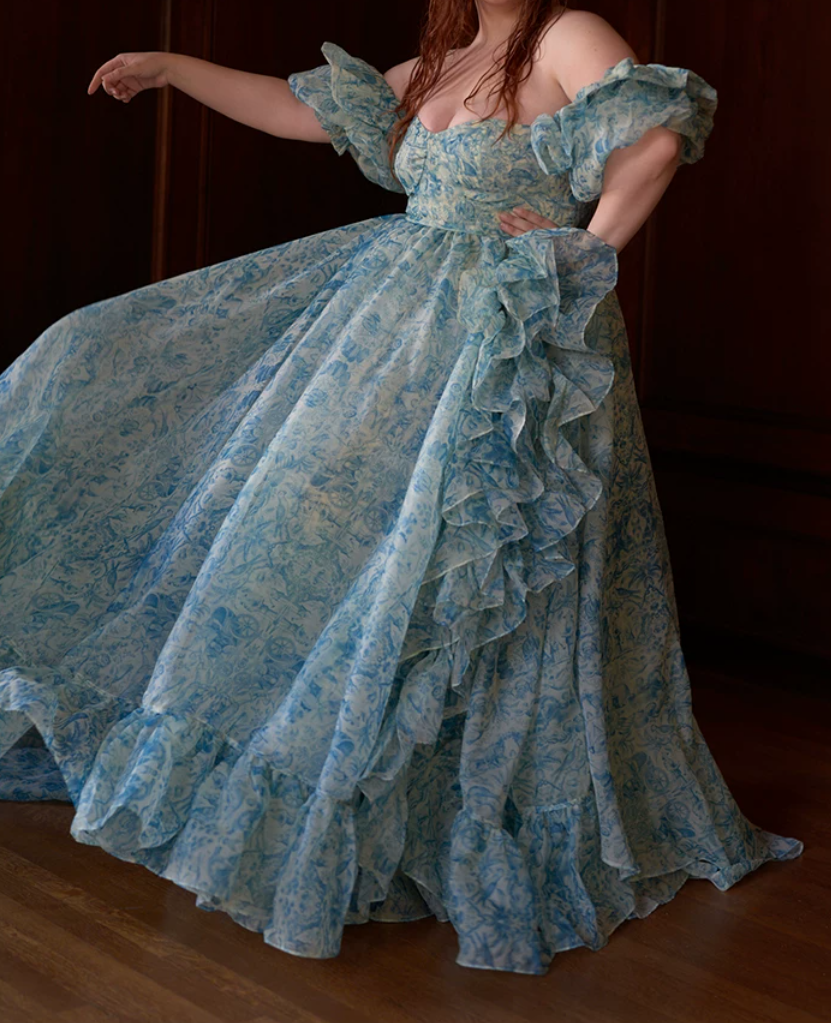 Sleek Square Neck Blue Prom Dress Floral Short Sleeve Ruffles Slit A-Line Evening Dress D0748