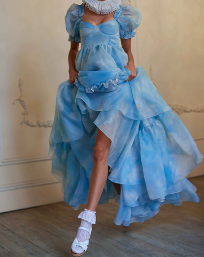 Cute Square Neck Blue Prom Dress Tie-Dye Short Sleeve Ruffles A-Line Evening Dress D0749